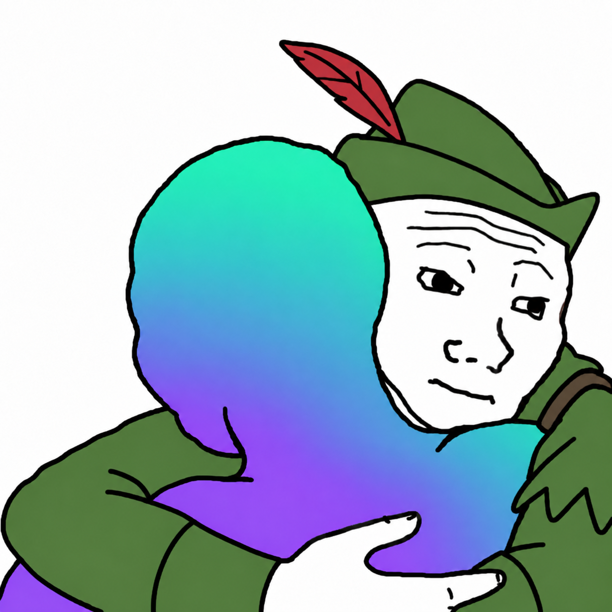 RobinSol — Robin Hood inspired meme character hugging a Solana-gradient figure